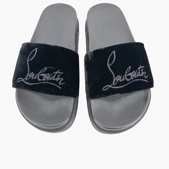 Christian Louboutin 'Navy Pool' Slide Sandals Size 37 US 7 Black Velvet Logo 27 - Picture 4 of 12